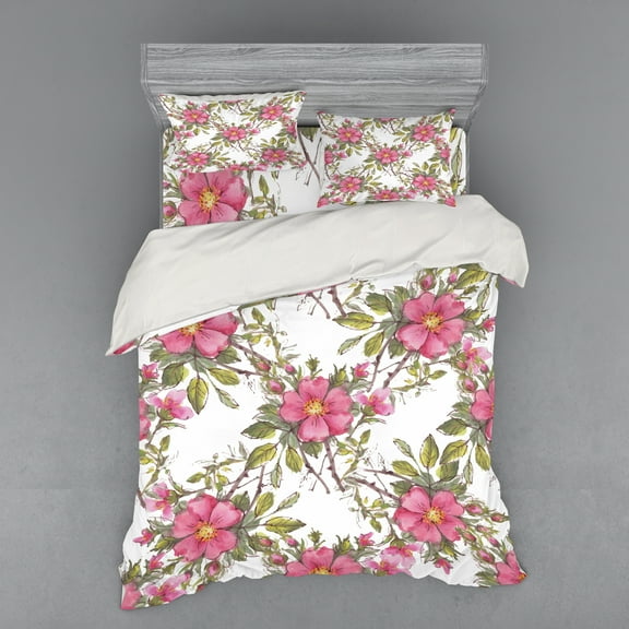 Ambesonne Flower Bedding Set 4 Pcs, Dog Rose Garden Floral, Queen, Lime Green Pale Pink