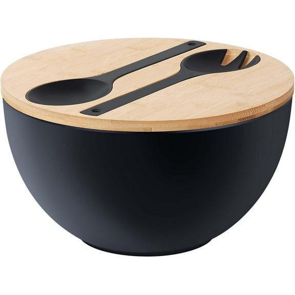 11.3" Extra Large Salad Bowl with Wooden Lid & Servers, 208Oz, Oversized Bamboo Fiber Salad Serving Set with Utensils for Home/Kitchen, Big Lightweight Bowl for Mixing Salad,Fruit,Pasta - Matte Black