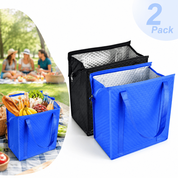 2 Pack Insulated Grocery Bag,Food Delivery Bag,Reusable Snack Bag,Cold Bags for Frozen Food for Travel,Zippered Waterproof Cooler Bag,Black & Blue