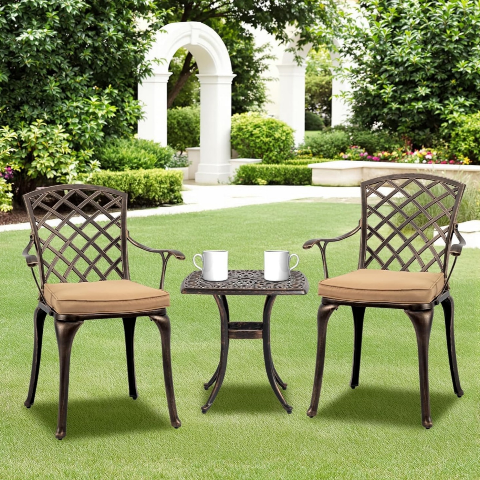 Ktaxon 2PC Outdoor Dining Chairs, Cast Aluminum Patio Chairs  for Poolside, Deck, Porch Bronze, with Cushion