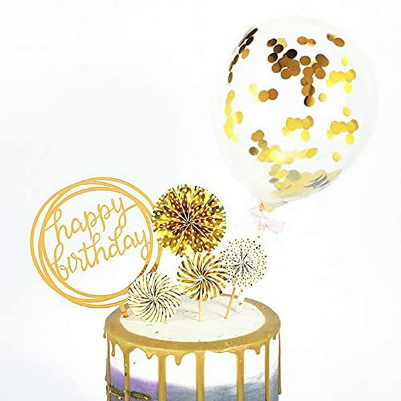 6pcs - Gold Happy Birthday Cake Topper - 1 acrylic birthday topper, 4 paper fans, 1 balloon, cake decoration