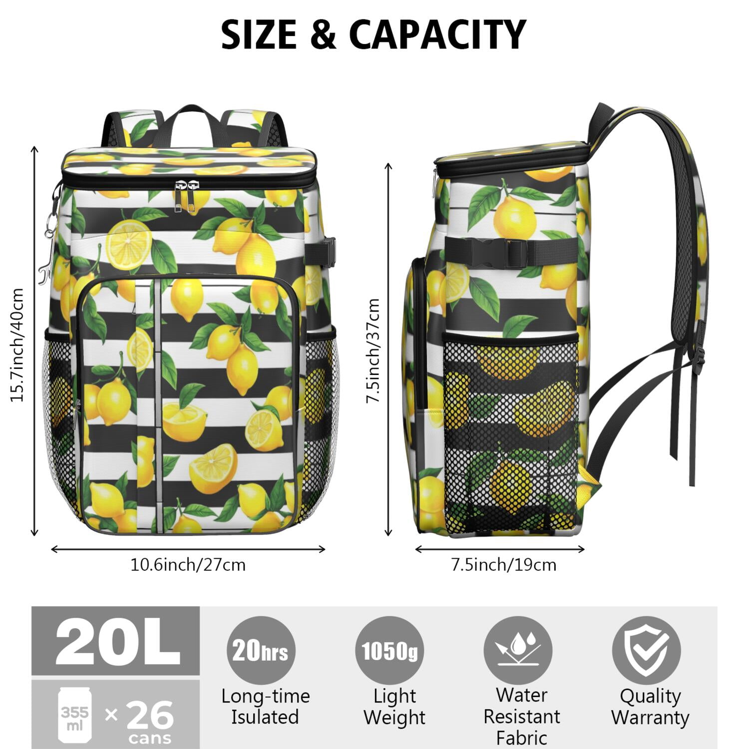 Travel Cooler Bag - Lemon Camping Beer Cooler Backpack with Bottle Opener- Waterproof Insulated Picnic Backpacks - Cooler Bag for Beach
