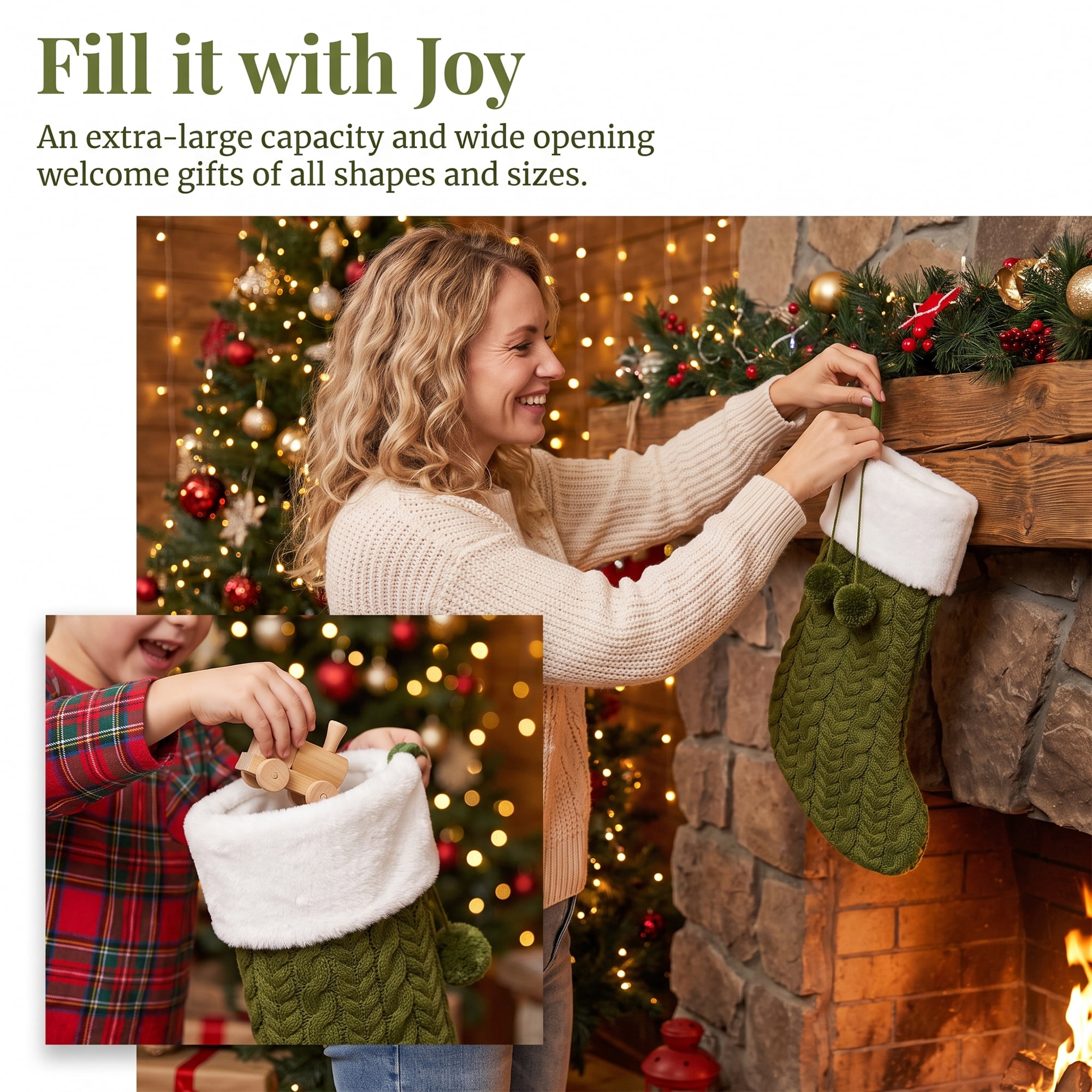 Unique Bargains Pom-Poms Stocking Luxury Knitted Sock Green 16"