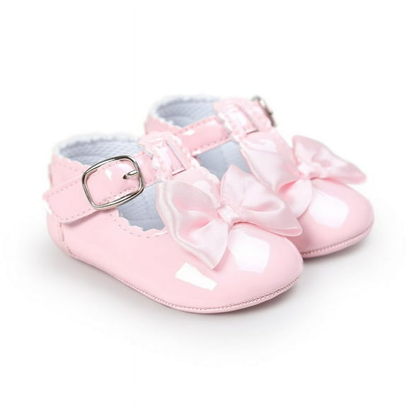 Newborn Baby Girl Soft Crib Shoes Infants Anti-slip Sneaker Prewalker Kids PU Leather Bow Buckle First Walkers Soft Soles Non-slip Footwear Crib Shoes,Pink, 12-18M