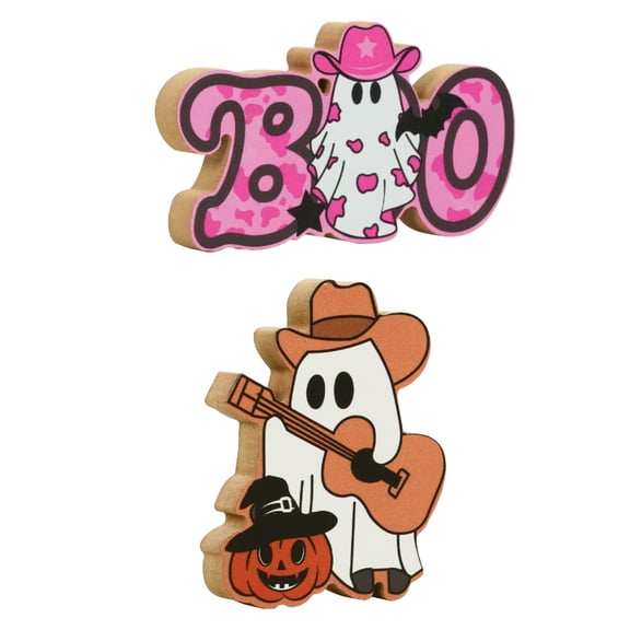 2pc Halloween Party Table Decorations, Boo, Wood Table Decor for Home Farmhouse Office Cafe Coffee Shop Fireplace, Halloween Gifts