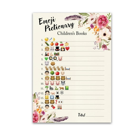 BOHO Emoticons Baby Shower Games — 25 Guests — Girl Floral Bohemian Pictionary Children's Book Baby Shower Games, Pink emoticons Game Gender Neutral Baby Shower Bohemian Shower Decor, SKU G400-EMJ