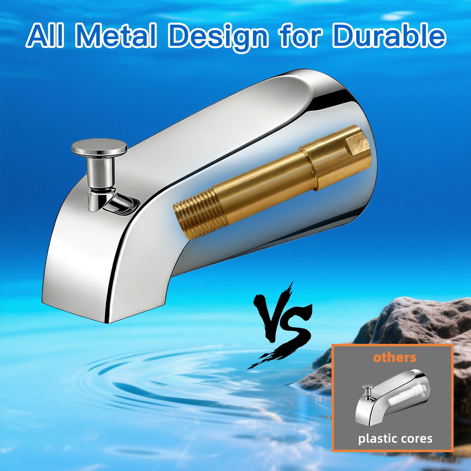 Tub Spout with Diverter, All Metal Bathtub Faucet, Chrome, for 1/2 Inch Copper Pipe