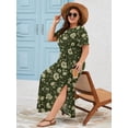 thumbnail image 2 of SHOWMALL Women's Plus Size Short Sleeve Maxi Dress, Vintage Moss Floral 3X Side Slit Rounded Hem Long T-Shirt Dress with Pockets for Vacation & Casual Wear, 2 of 6