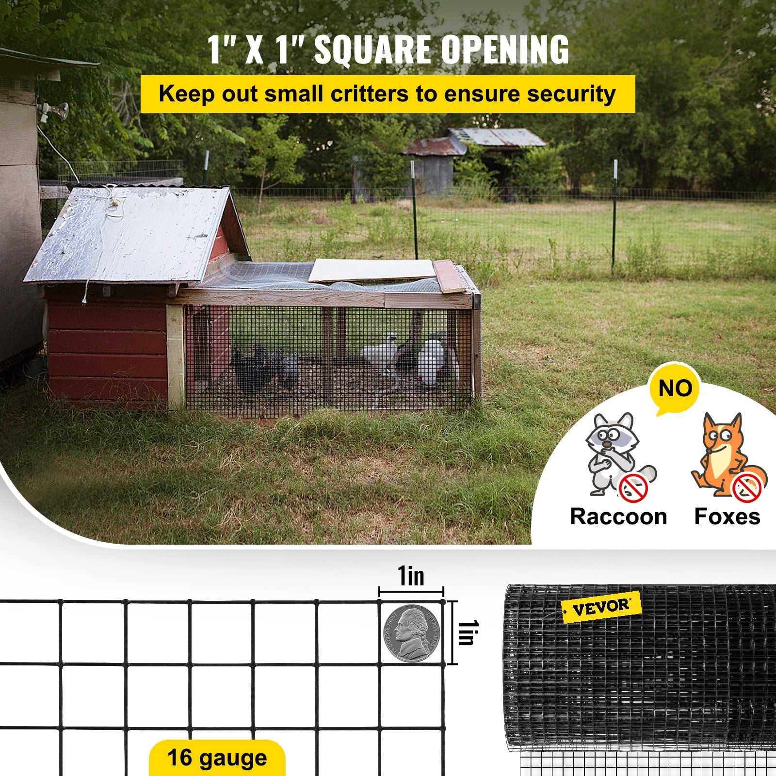 1"x1" Mesh 16 Gauge Vinyl Coated Hardware Cloth, 36"x50' Roll with Cutting Tool & Gloves, Durable Garden Fence, Black
