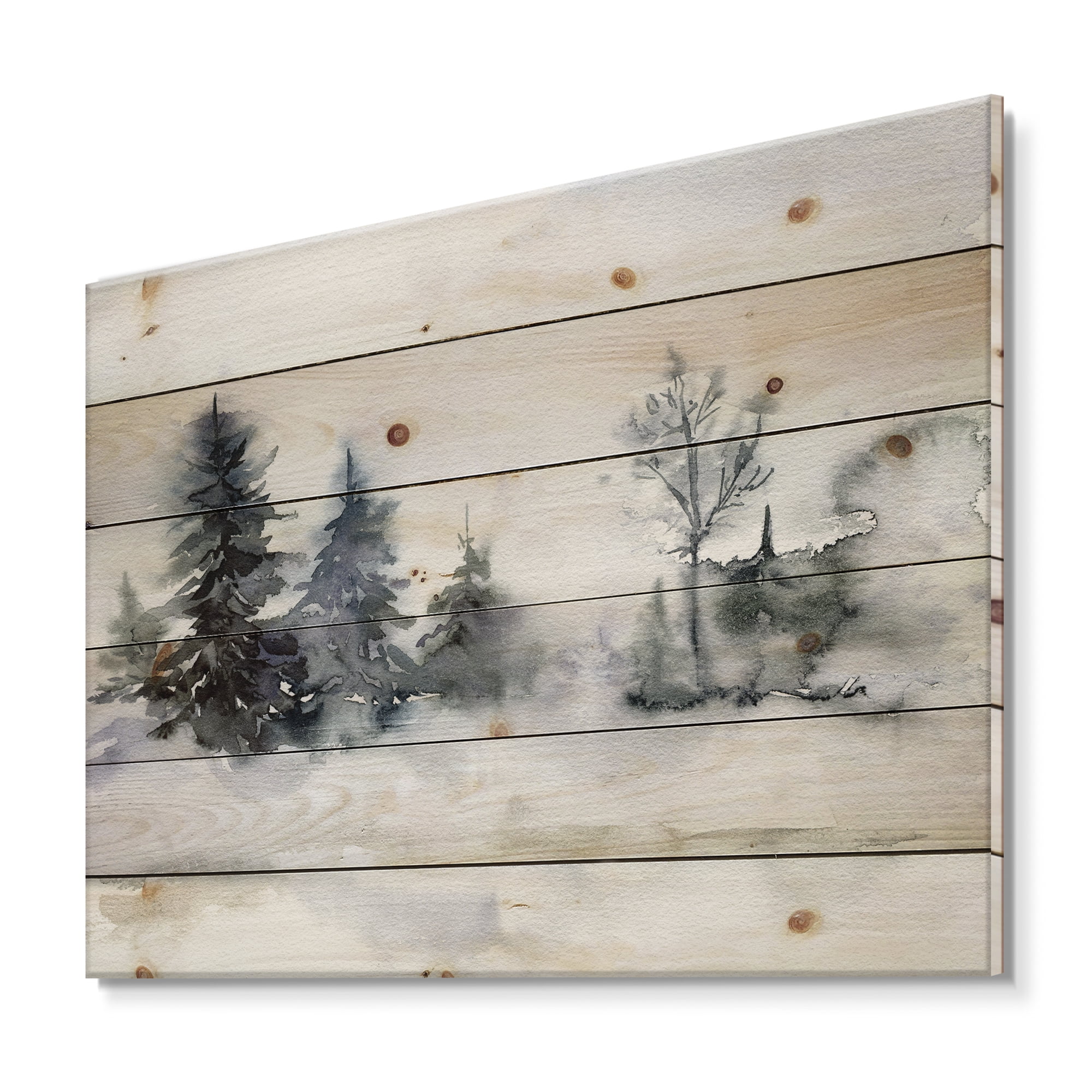 Designart 'Christmas Minimalistic Snow and Forest Landscape' Lake House Print on Natural Pine Wood