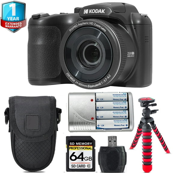 Kodak PIXPRO AZ255 Digital Camera (Black) Extra Battery Tripod 1 Yr Warranty -64GB Kit