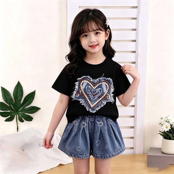 ZOYOEN Toddler Girls Fashion Outfits Set- Casual Cute Short Sleeve Baby Summer Clothes Embroidered T Shirts and Denim Shorts Black Size 4 T