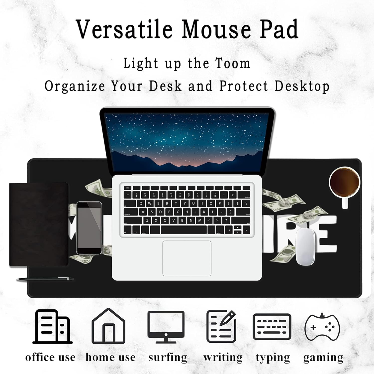 Gaming Mouse Pad,Desk Mat Extended Large Millionaire Slogan with Flying Banknote Mouse Pad Mat with Non-Slip Base Stitched Edges Mousepad for Computer,Office,Keyboard 31.5''×15.7''