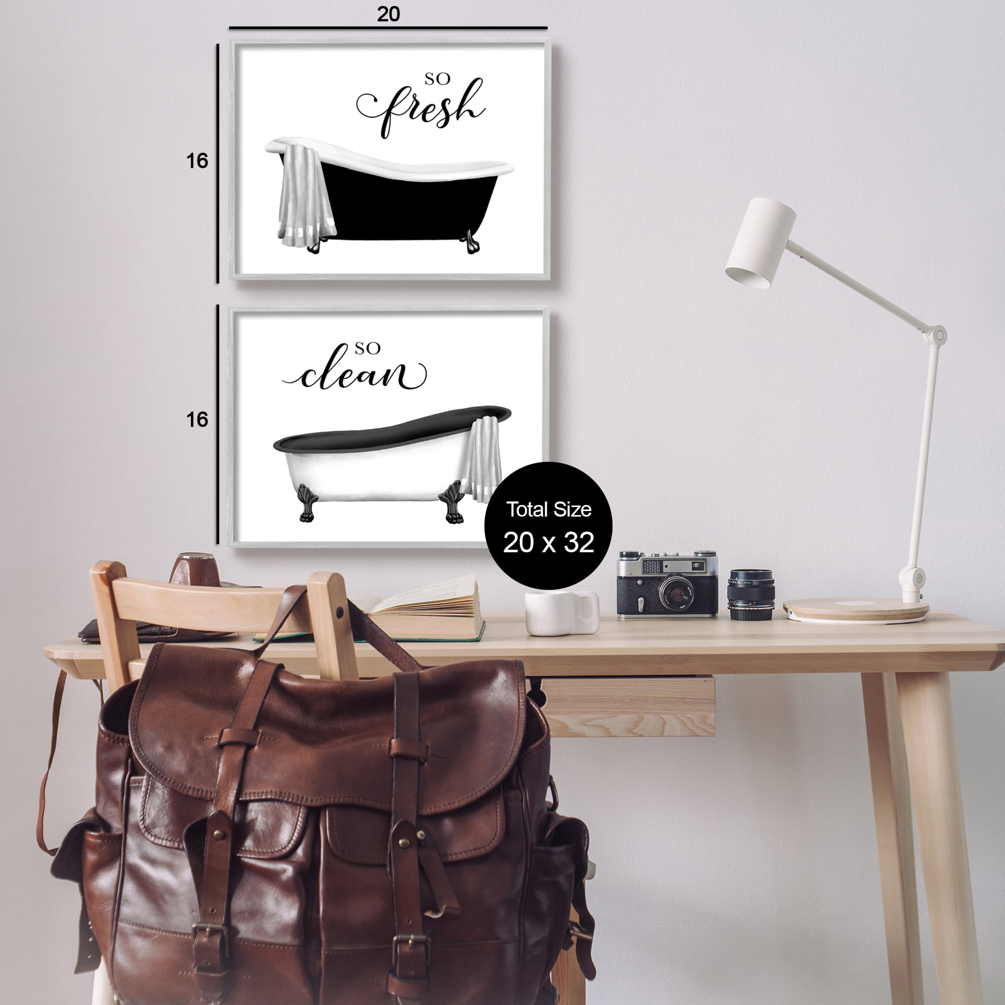 Stupell Industries So Fresh & Clean Bathtubs Typography Painting Gray Framed Art Print Wall Art, Set of 2