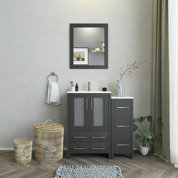 Vanity Art 36 in. W Single Sink Bathroom Vanity with Ceramic Top and Free Mirror