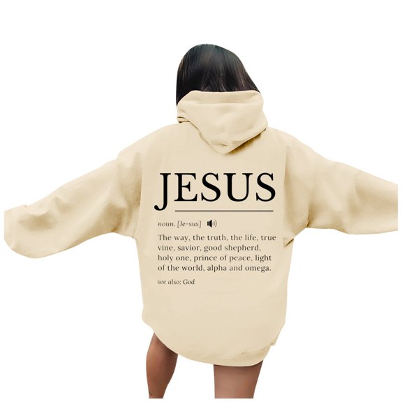 Essentials Women's Hoodie Christian Long Sleeve Hooded Jesus Casual Letter Print Winter Y2k Clothes Beige