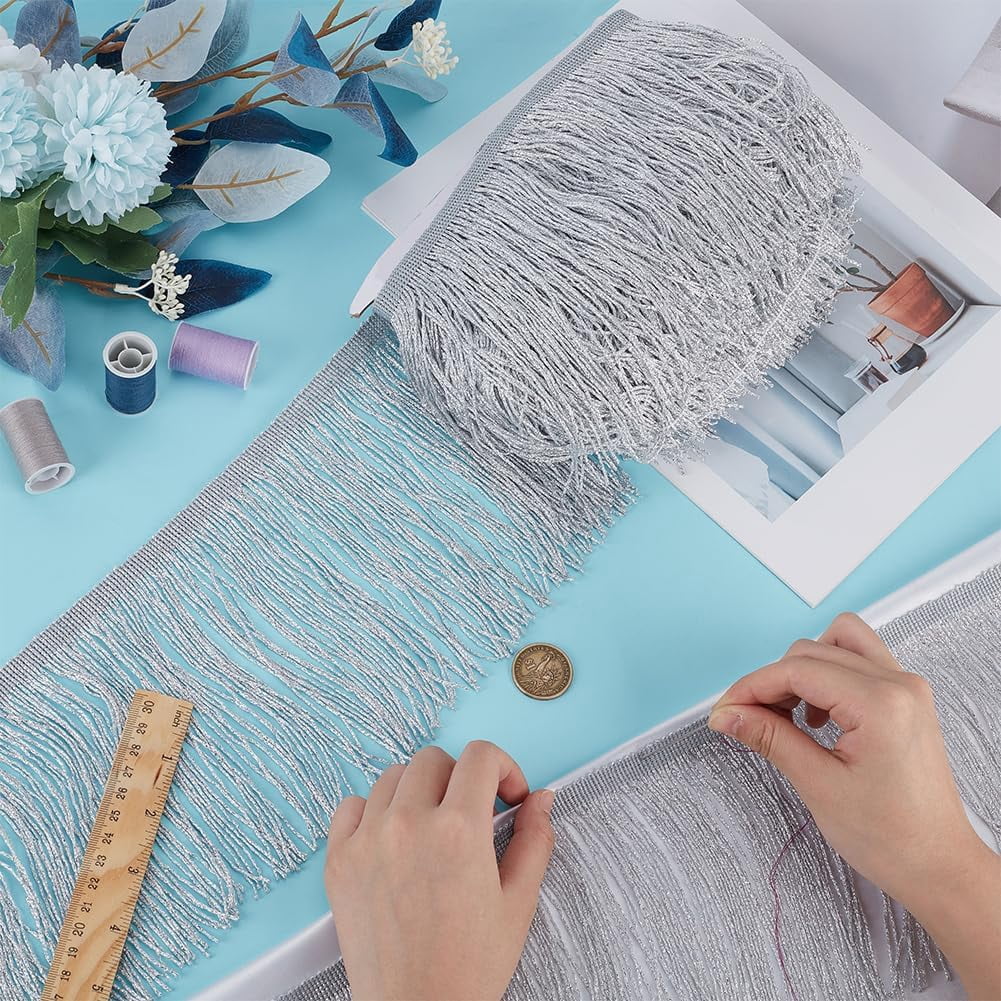 1pc 10.9 Yards Glittery Fringes Trim 5-7/8 inch Wide Polyester Tassel Lace Trim Metallic Silver White Fringe Lace Trim Sewing Tassel Lace Trim for DIY Latin Dance Dress Costume Accessories