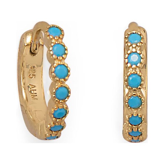 Precious Stars 14K Goldplated Sterling Silver Turquoise Cubic Zirconia Hoop Earrings