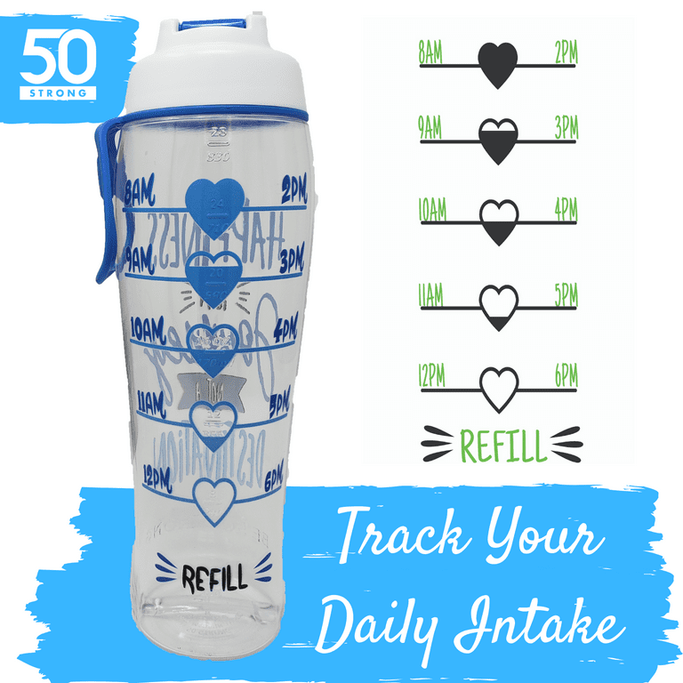 50 Strong BPA Free Reusable Water Bottle with Time Marker - 30 oz. Motivational Fitness Bottles - Hours Marked - Drink More Water Daily - Tracker