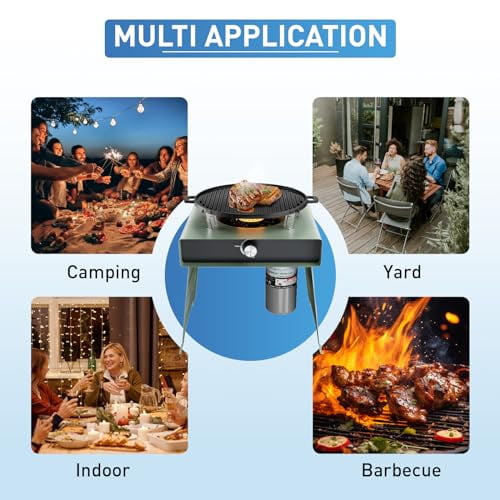 SUNBURY Camping Stove Outdoor Propane Stove Foldable Portable Grill with Adjustable Burner Baking Tray, Small Table Fire Pit 10000BTUs for BBQ Emergency Cooking Hiking Apartment Ba