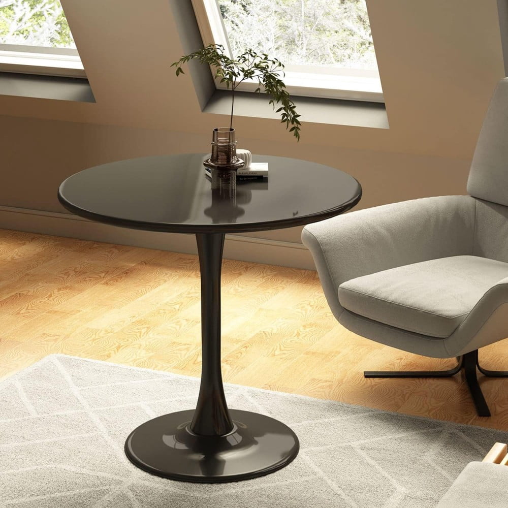 31.5" Round Dining Table, Modern Kitchen Table with MDF Top and Cylindrical Metal Base, Mid Century Coffee Table for Dining Room, Living Room, Apartment, Black