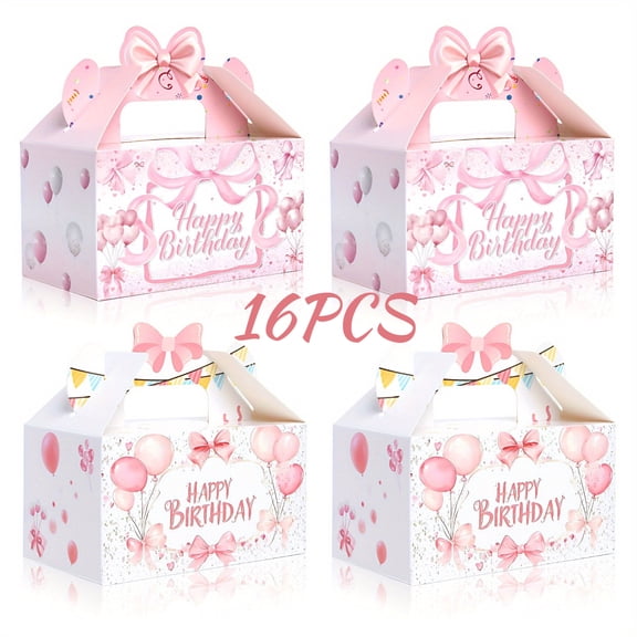 16 Pcs Pink Bow Party Favor Boxes - Happy Birthday Paper Gift Boxes with Balloons & Floral Design, Ideal for Coquette Birthday Decor, Wedding, Galentines Gift Box & Bow Party Supplies