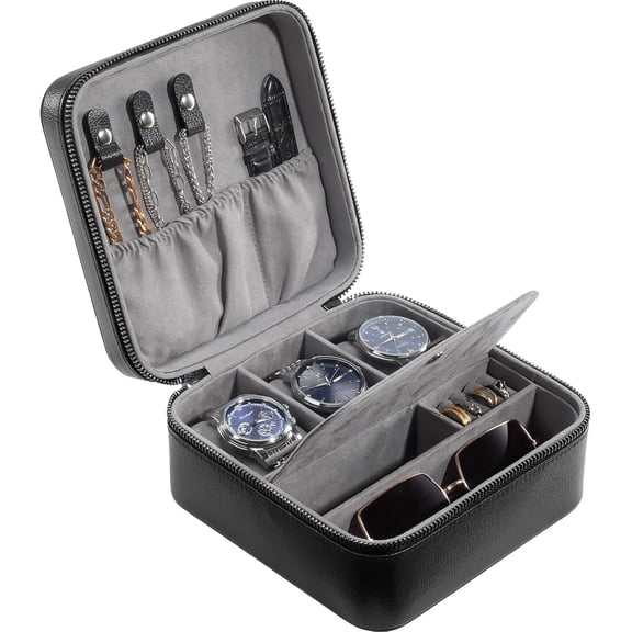 ProCase 3 Slots PU Leather Portable Watches Cufflinks Accessories Storage Case with Zipper -Black