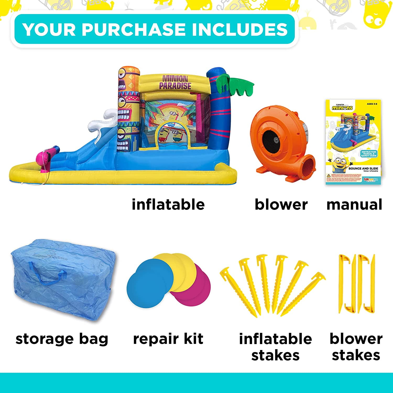 Funormous Minions Bounce House with Slide, Ball Pit & Water Cannon – Indoor/Outdoor Tropical Inflatable with GFCI Air Blower for Kids Ages 3–8