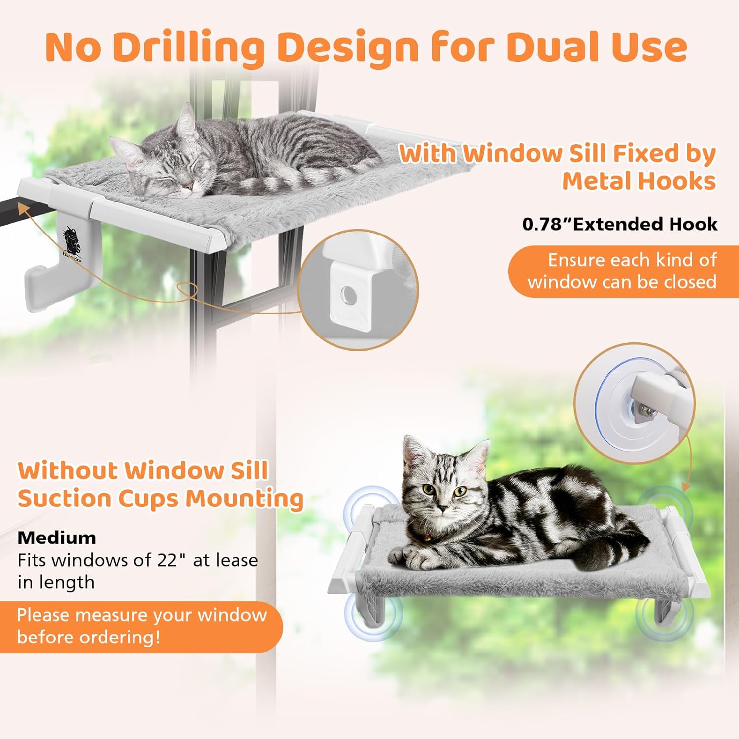 2 in 1 Cat Window Perch,Cat Hammock with Metal Sliding Clamping Adjustment,Removable Two Fabrics Cover,4 Suction Cups,Window Beds for Indoor Cat(22"x13")