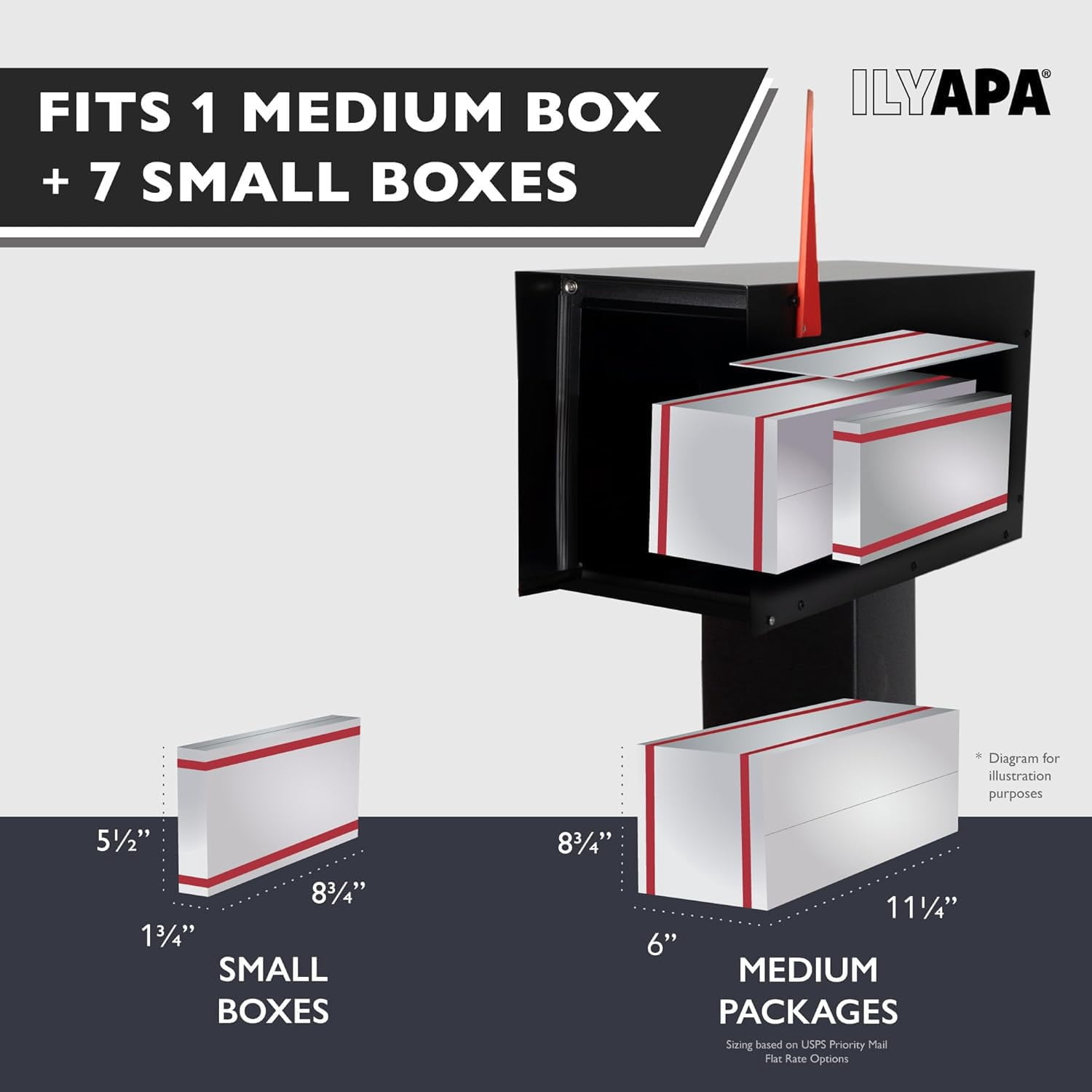 Ilyapa Black Modern Mailbox Post Mount - Mailboxes for Outside - Metal with Printed Ash Wood Grain Trim - Powder Coated Steel - All Weather Resistant