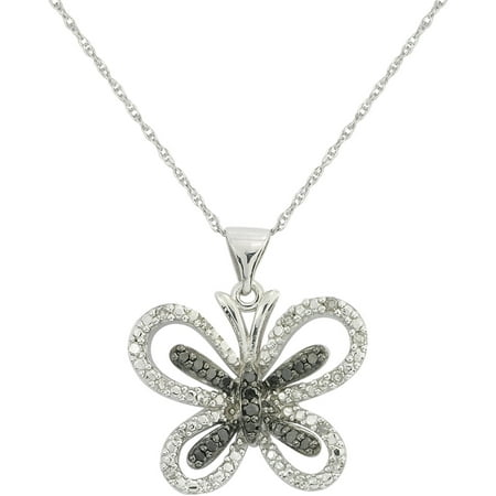 1/4 Carat T.W. Black and White Diamond Sterling Silver Butterfly Pendant, 18