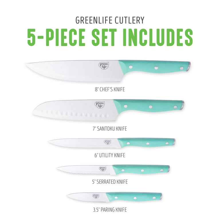 GreenLife Cutlery Stainless Steel Knife Set, 13 Piece with Knife Block,  Turquoise 