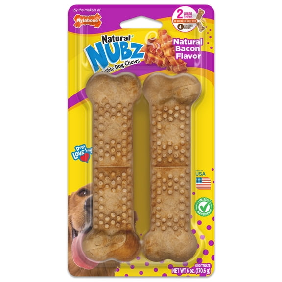 Nylabone Nubz Natural Dog Treats for Large Dogs, Bacon Flavor Dog Bones, Jumbo - Up to 50 lbs., 6 oz Pack, 2 Count