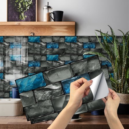 6Pcs Self Adhesive Waterproof Vinyl Tiles Wall Stickers Decals 11.8" x 5.9" Blue and Gray Mosaic Brick Peel and Stick Backsplash for Kitchen