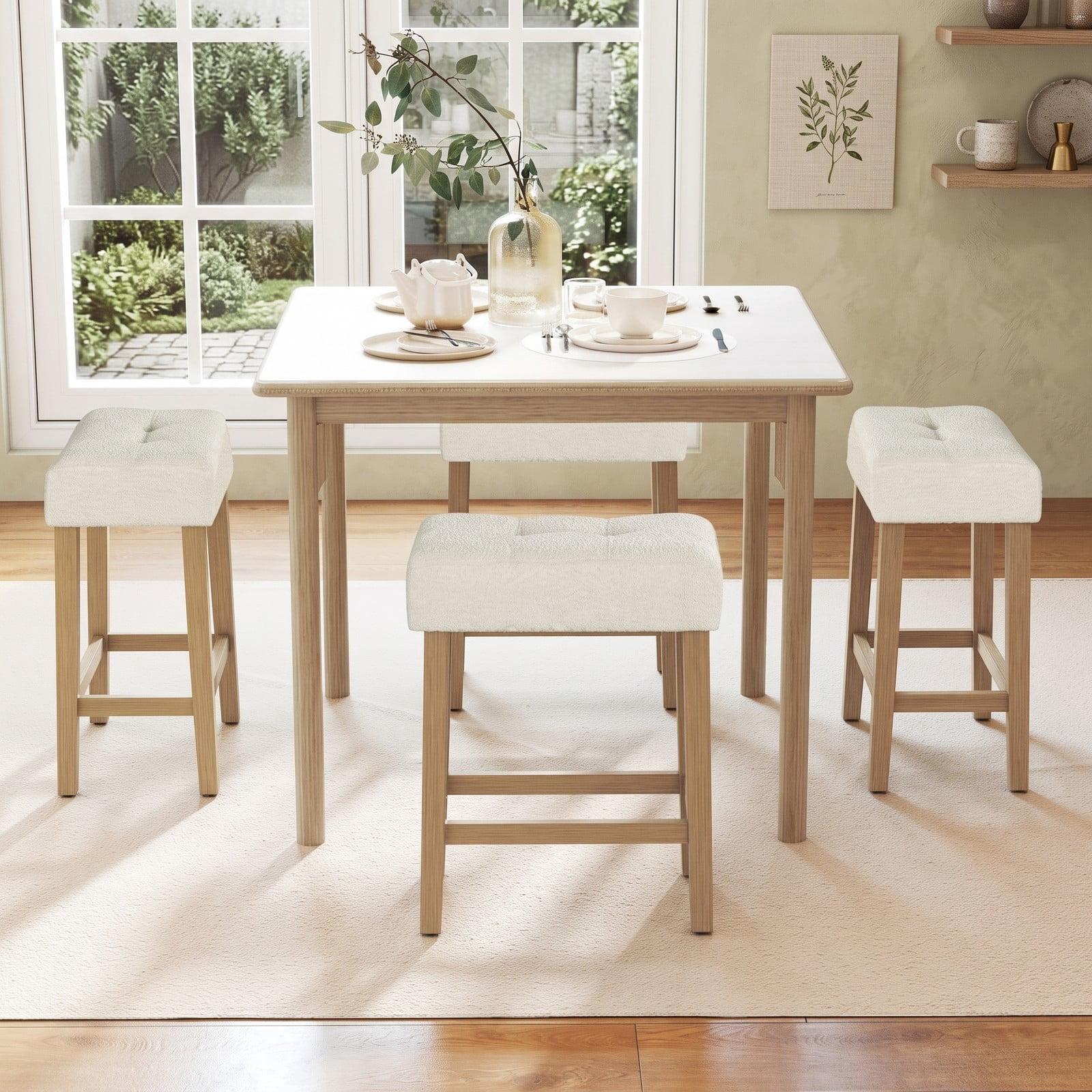 Furnibear Counter Height Bar Stools Set of 2, Upholstered Sherpa Fabric Barstools with Rubber Wood Legs, Footrest & Anti-Slip Pads, Backless Kitchen, Beige and Natural