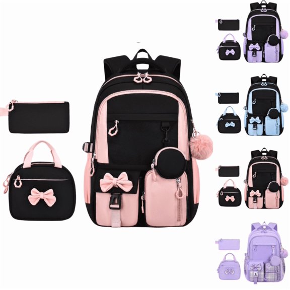 Backpack, 3Pcs Backpack Set with Insulated Lunch Box & Pencil Case, Waterproof Lightweight Bookbag, Cute Bow Travel Daypack - (Pink)