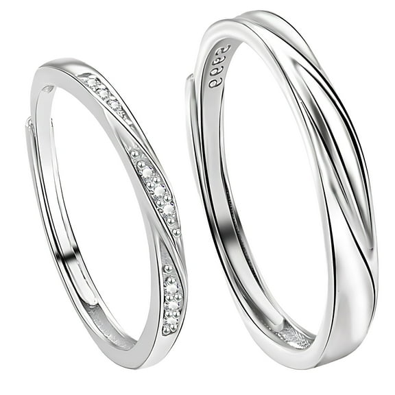 999 Sterling Silver Couple Rings Set, Adjustable Zirconia Wedding Bands for Men and Women, Simple Elegant Design, Great for Engagement and Anniversaries