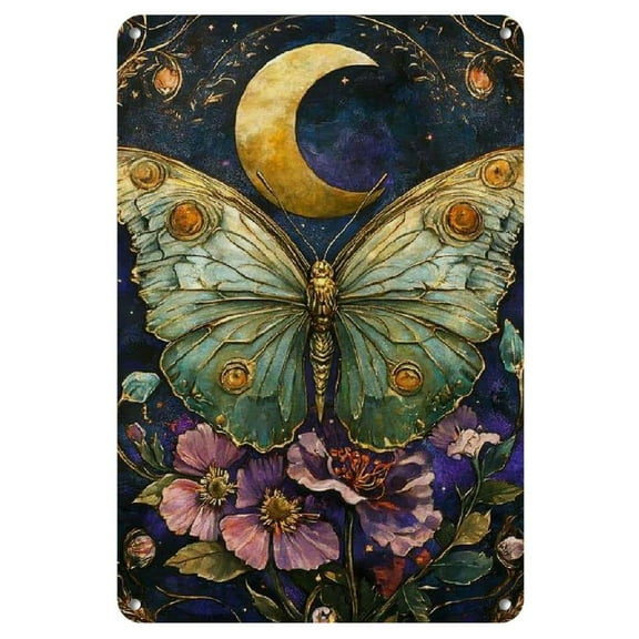 Vintage Luna Moth & Moon Iron Wall Art, Rustic Home Decor for Living Room & Bedroom, 8x12 Inches, Vintage Room Decor