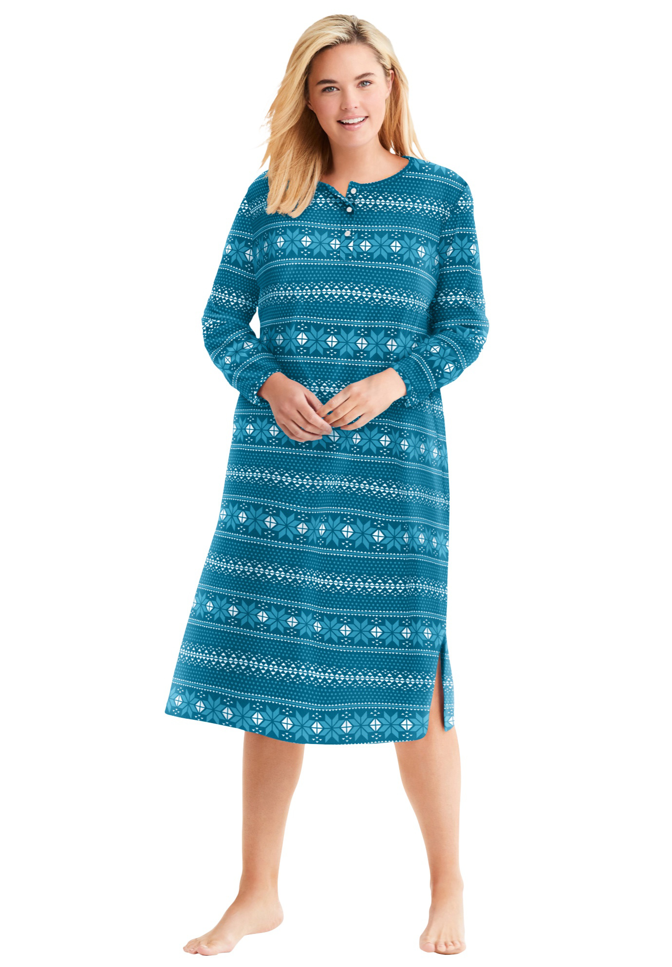 Dreams & Co. Women's Plus Size LongSleeve Henley Print Sleepshirt