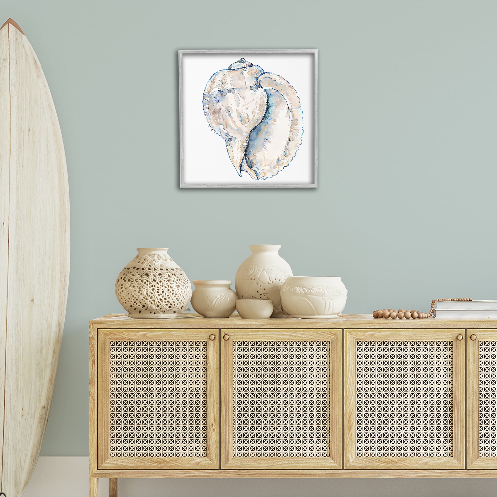 Stupell Industries Conch Shell on White Coastal Painting Gray Framed Art Print Wall Art, 24 x 24