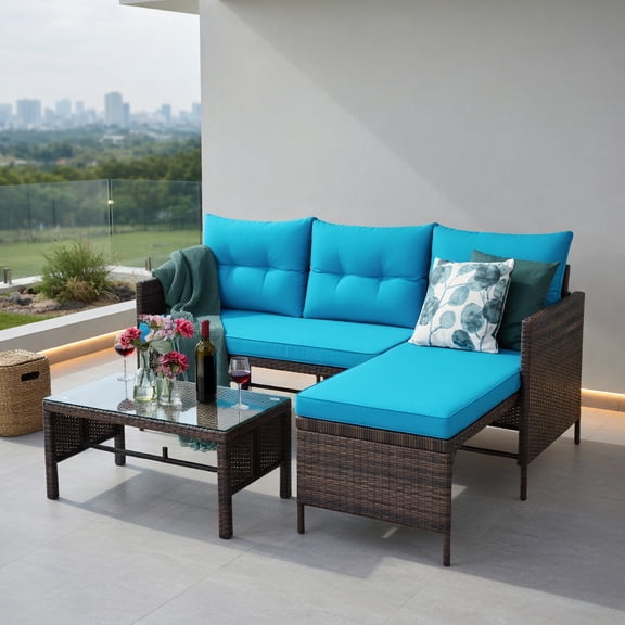 Resenkos 3 Pieces Outdoor Sectional Sofa, Outdoor Wicker Patio Furniture, All-Weather Rattan Wicker Sofa Small Patio Conversation Couch with Washable Cushion and Table, Turquoise