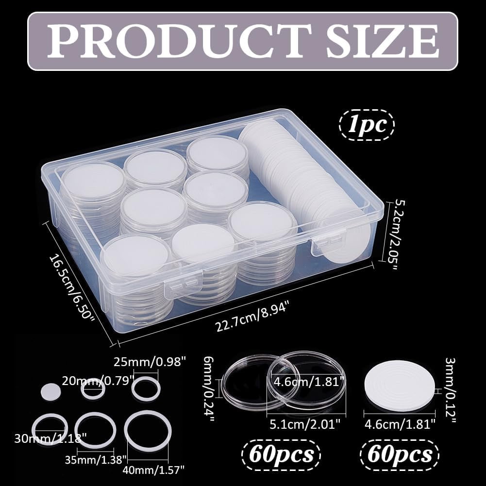 60pcs Coin Storage Box 6 Sizes Clear Coin Holder Case Plastic Coin Storage Organizer Box with Adjustable Gasket for Commemorative Coin Collection Supplies 20/25/30/35/40/46 mm Mixed Color
