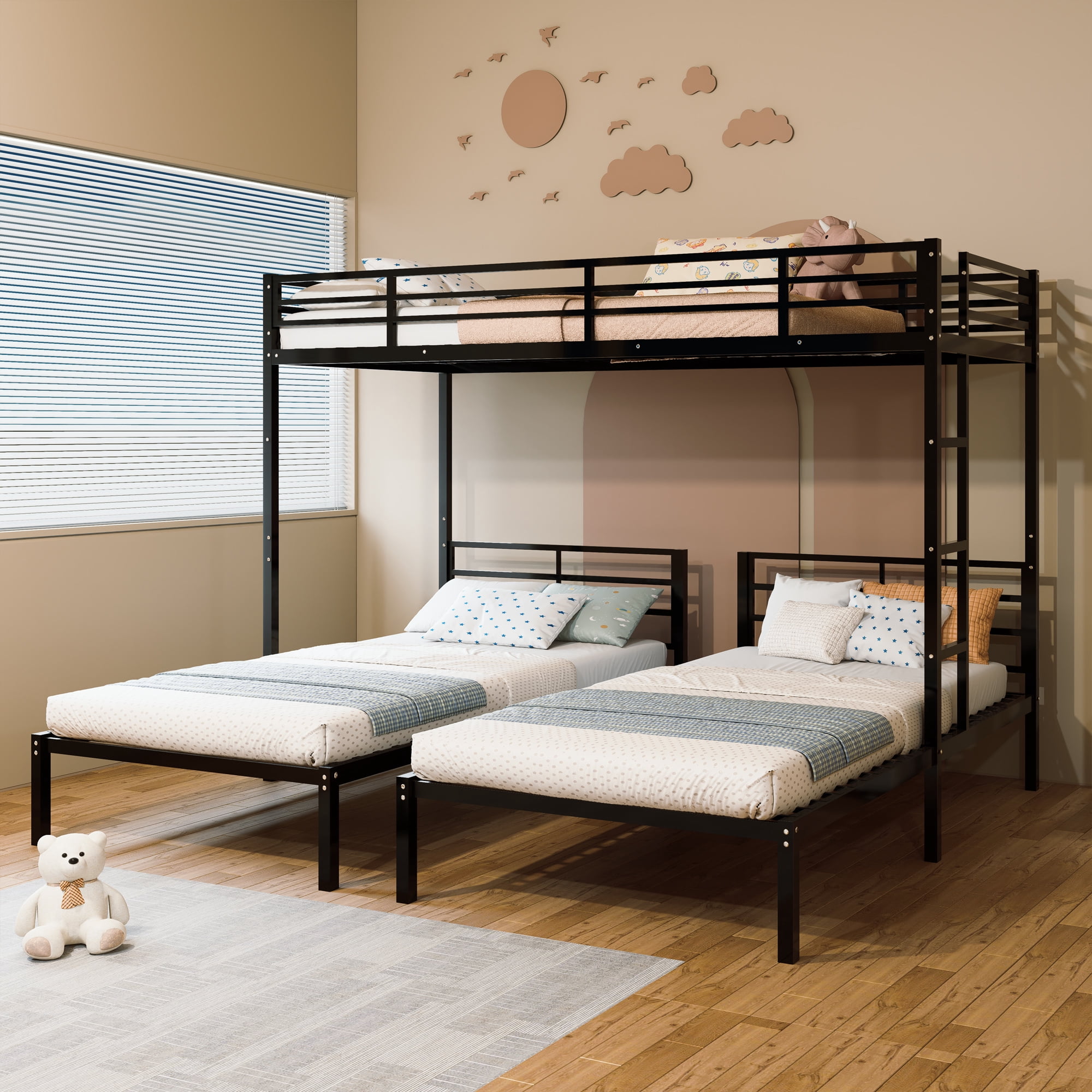 Metal Triple Bunk Bed, Twin Over Twin Over Twin Bunk Bed Frame with Guardrails and Ladder, Heavy Duty Separates Into 3 Individual Beds, Space-Saving Guest Ready Solution for Bedroom Dormitory, Black