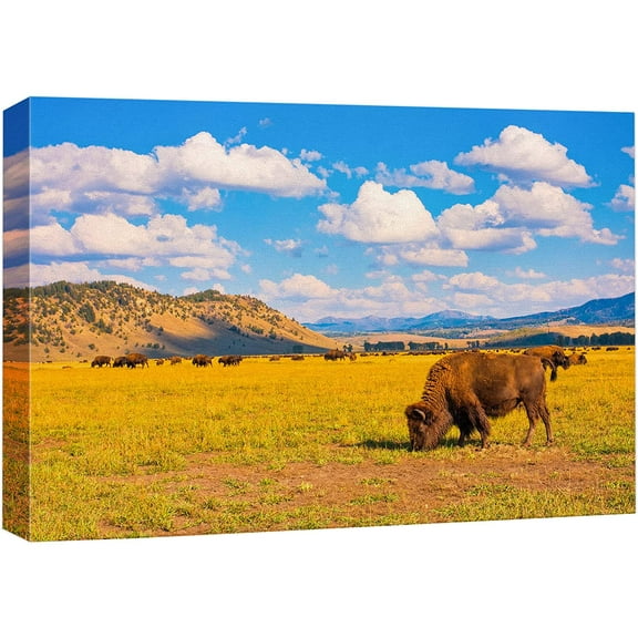 wall26 Canvas Print Wall Art Montana Mountain Cloudy Valley Bison Buffalo Nature Animals Photography Realism Rustic Scenic Landscape Wilderness Zen Colorful for Living Room, Bedroom, Office - 24&quot