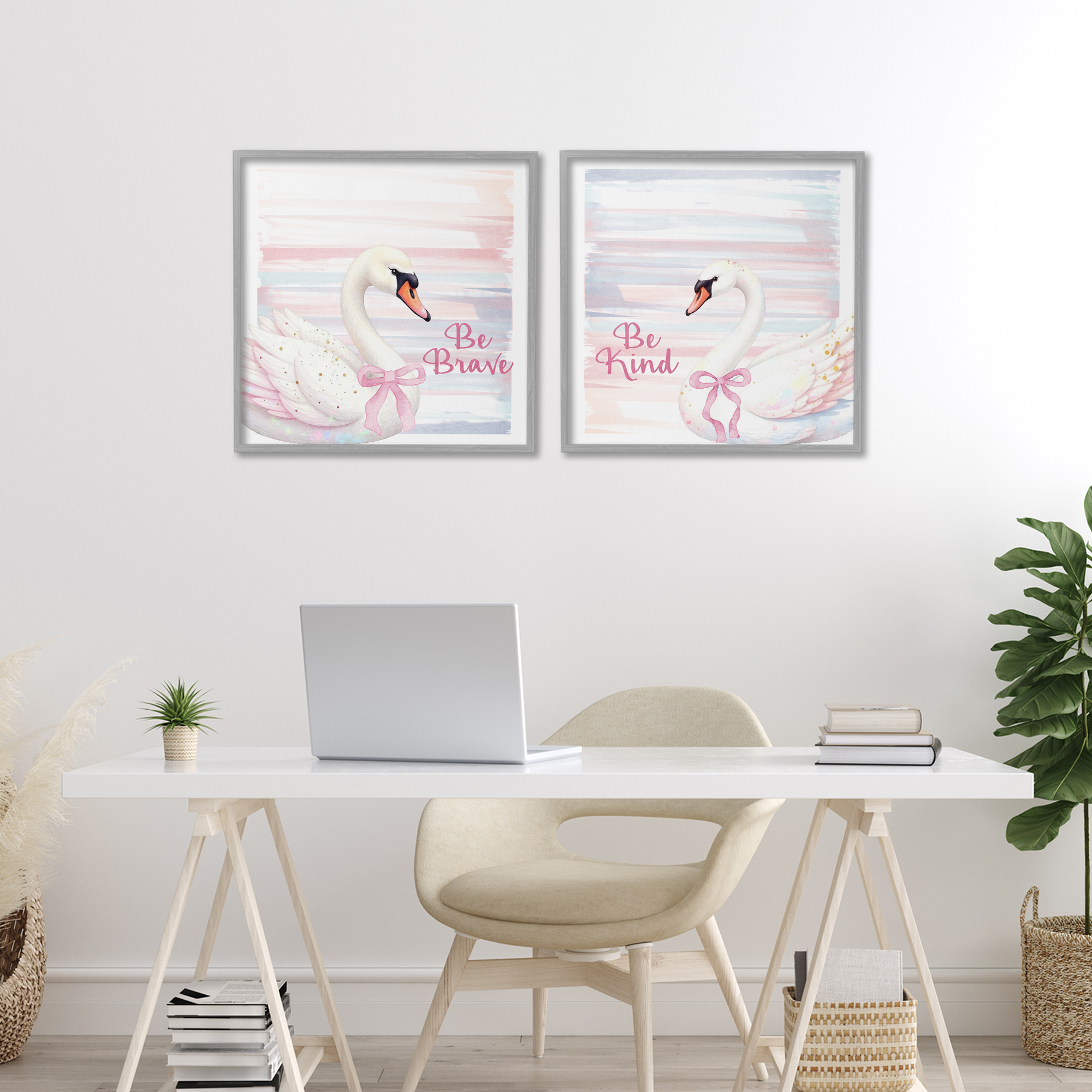 Be Brave & Kind Pastel Swan 2 Piece Gray Framed Giclee Art Set, design by Kim Allen