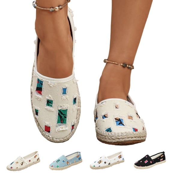 IEMIEMIEM Women's Canvas Shoe Distressed Espadrille Slip-On Shoes Frayed Colorful Patch Print Casual Canvas Loafers with Hemp Sole for Daily 8.5 wide