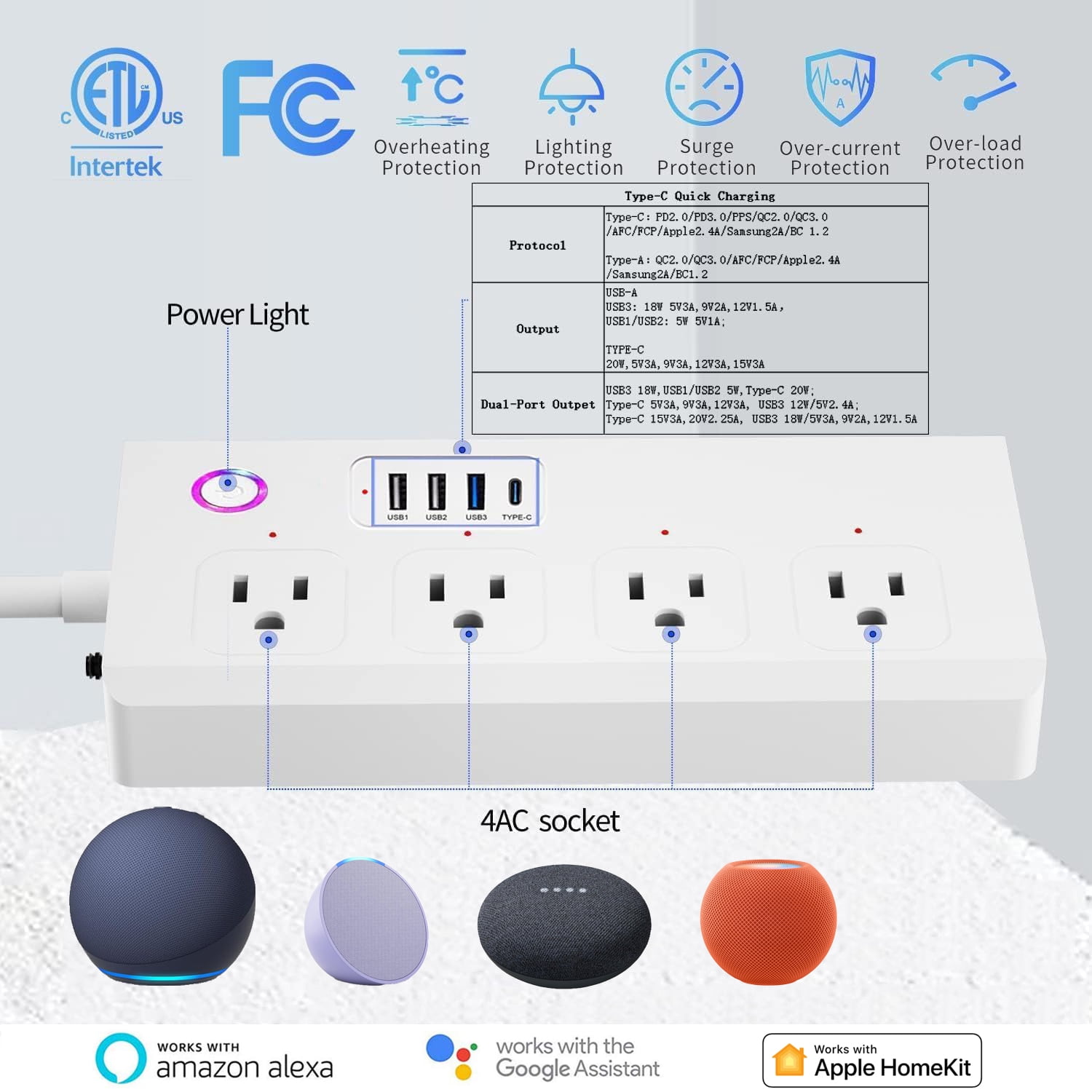 Matter 16A Smart Power Strip WiFi Plug Multiple Outlet Surge Protector 4 AC Outlets,3 USB Port,1 Type-C Port, Compatible Work with Apple Homekit,Amazon Alexa, Google Home,Only supports 2.4GHz WiFi
