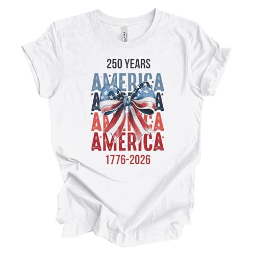 Patriot Pride Reckless Patriot Women’s Graphic T-Shirt – 250 Years of America 1776-2026 with USA Flag Bow Design, White, Small