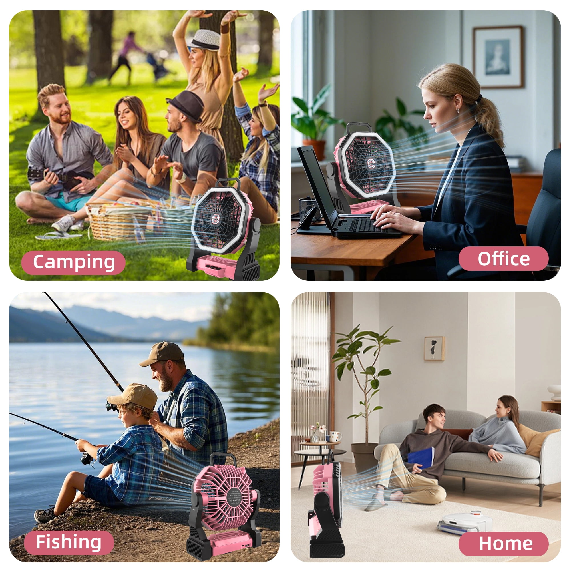 Roykaw Portable Fan for Travel, 10400 mAH Rechargeable Camping Fan, Cordless Battery Powered Fan with Led Light, Battery Fan with Handle, Hang Hook for Tent, Fishing, Hurricane Fan for Bedroom, Pink