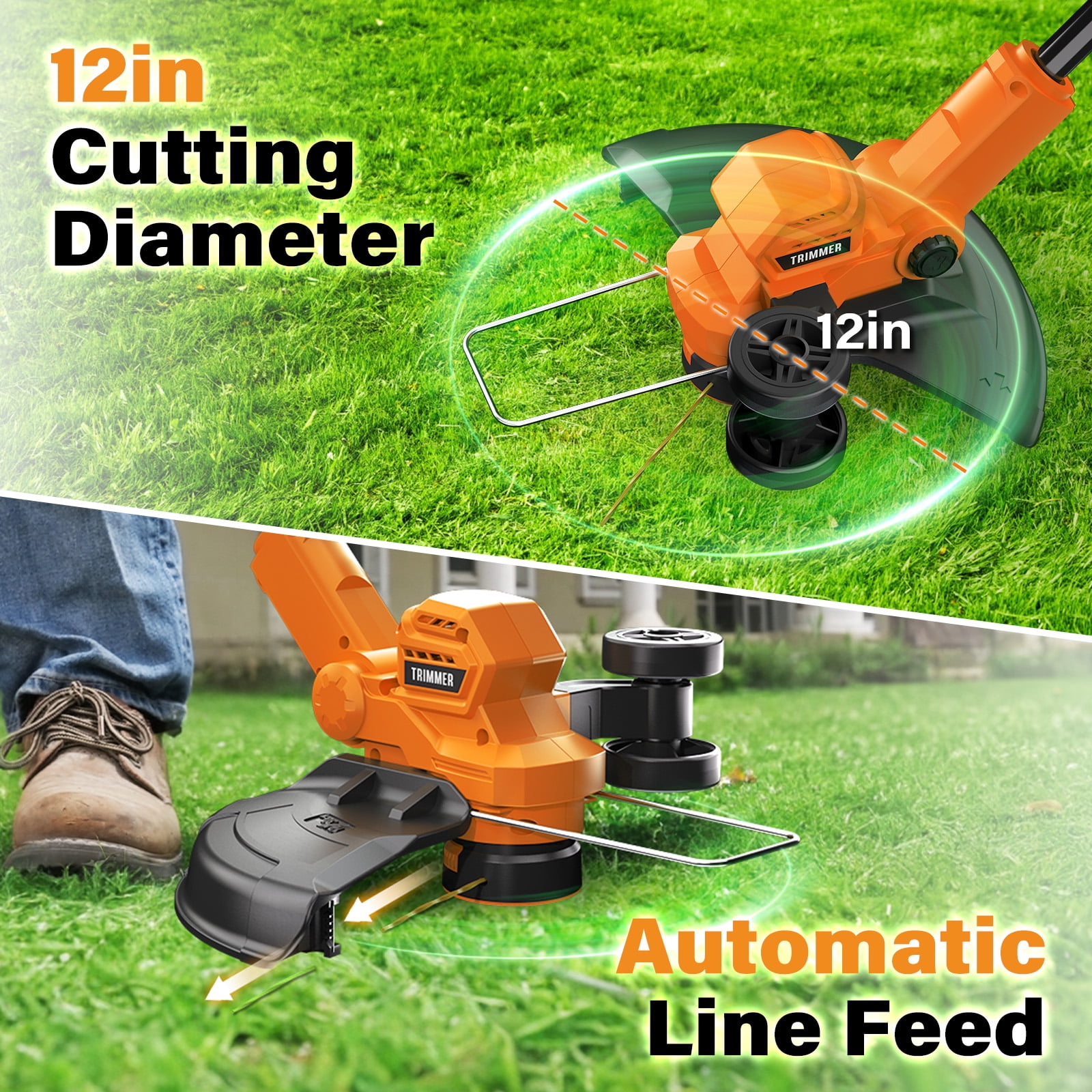 String Trimmer, 12-inch Cordless Grass Trimmer with Auto Line Feed, 2 X 2.0Ah Battery Powered Weed Eaters, 20V Lawn Edger with 8 Pcs Grass Cutter Spool Line, Fast Charger Included